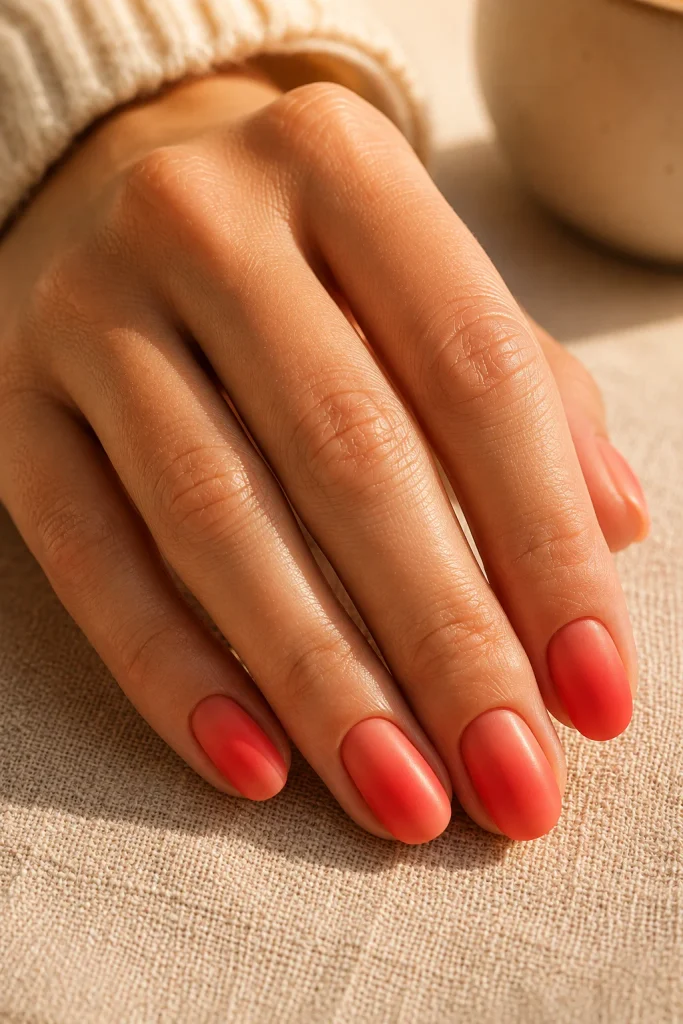 Soft coral red ombre nails for everyday wear