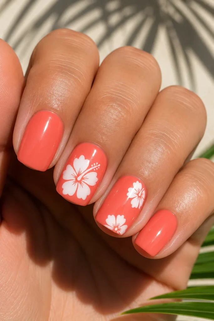 Soft coral bridal nails with tropical floral silhouettes