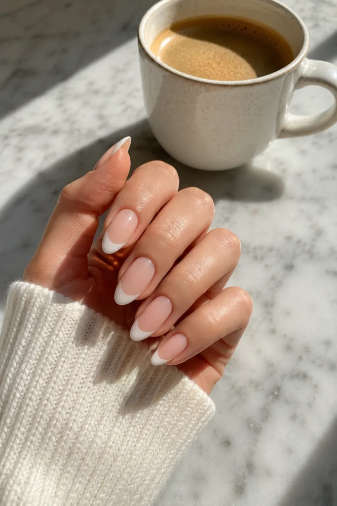 Soft white French tip manicure on almond nails