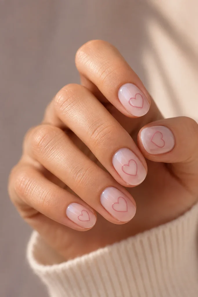 Soft pink heart outline coquette nails on milky base