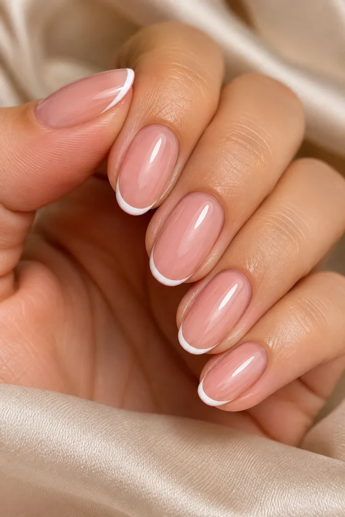 Soft pink french tip nails on round shaped nails with white tips