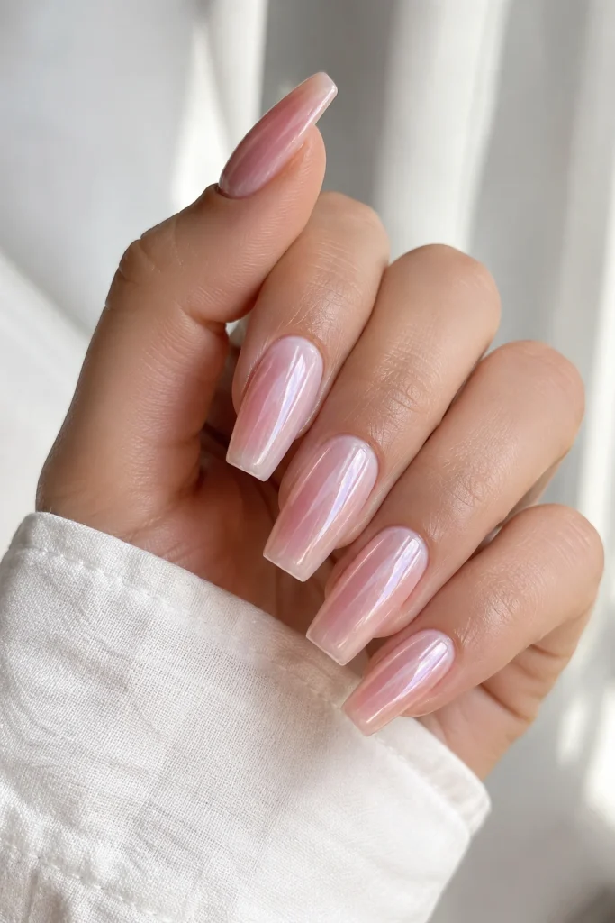 Soft pink glazed donut coffin nails with shimmer