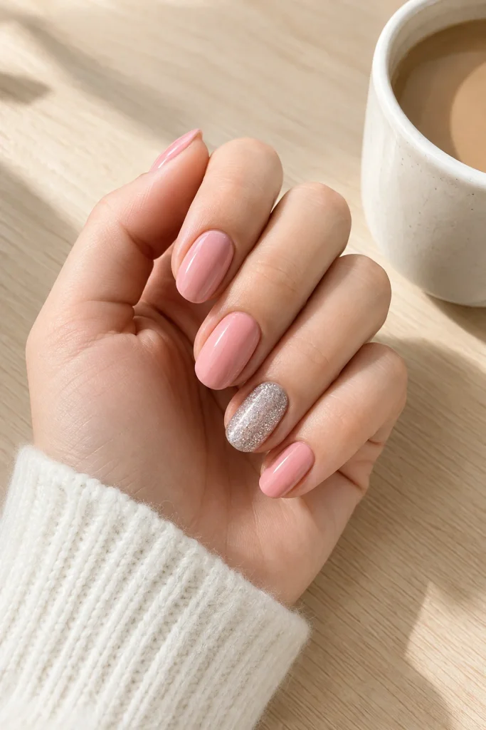 Soft pink nails with one silver glitter accent nail