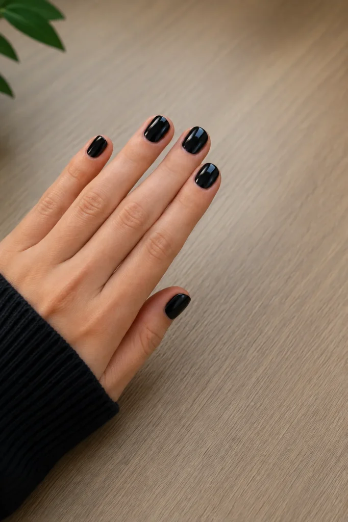 Solid black short round nails with glossy finish