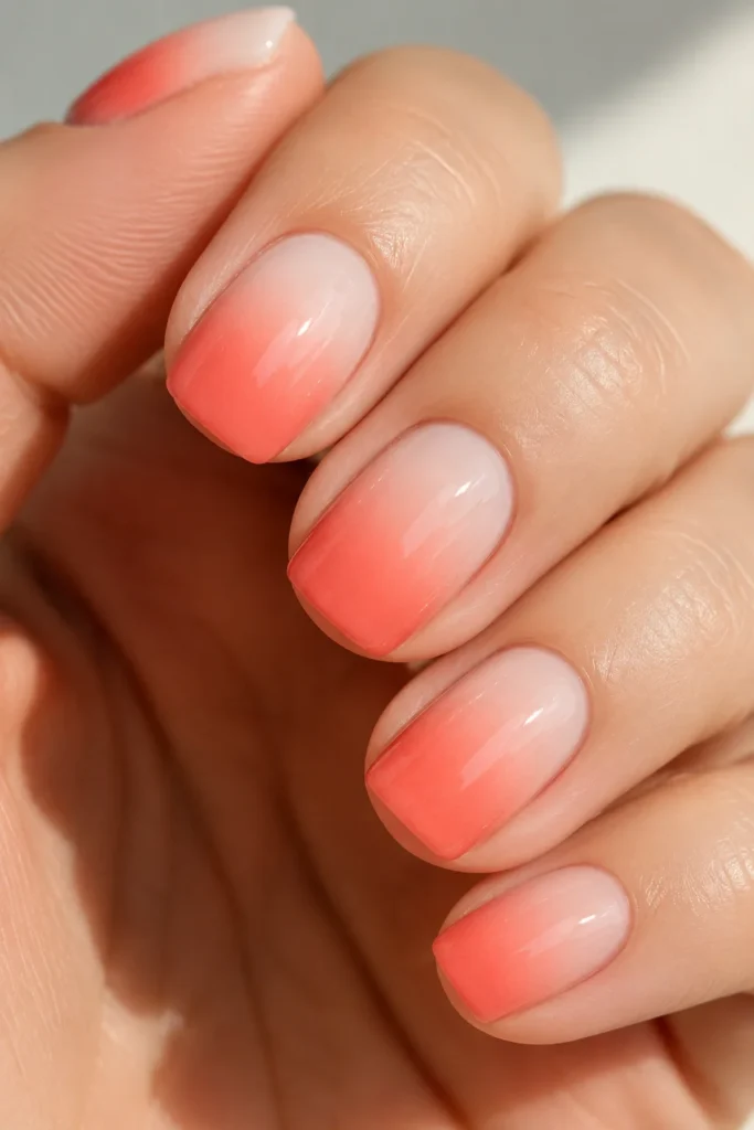 Pale to coral ombre gradient on short almond shaped nails