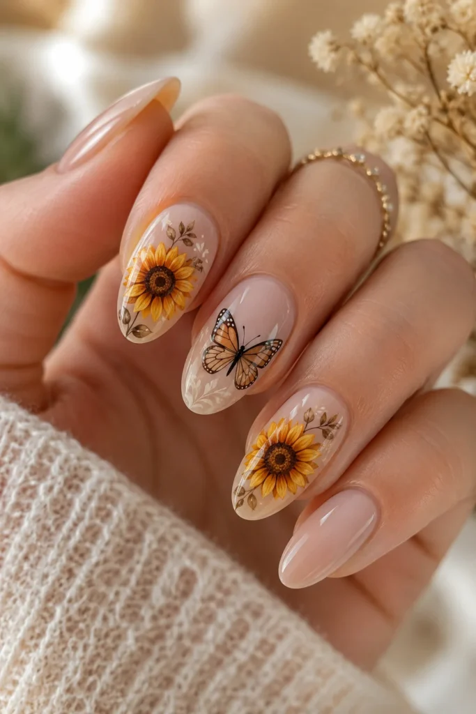 Sunflower and butterfly nail art combo on soft nude almond nails