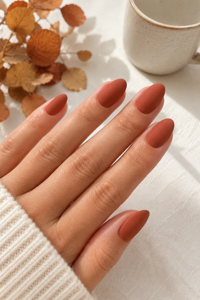 Warm terracotta matte almond nails for autumn