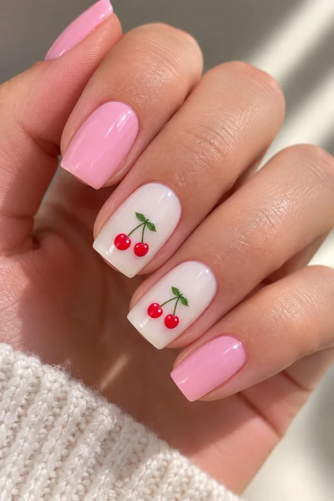 Tiny cherry accent coquette nails on soft pink base