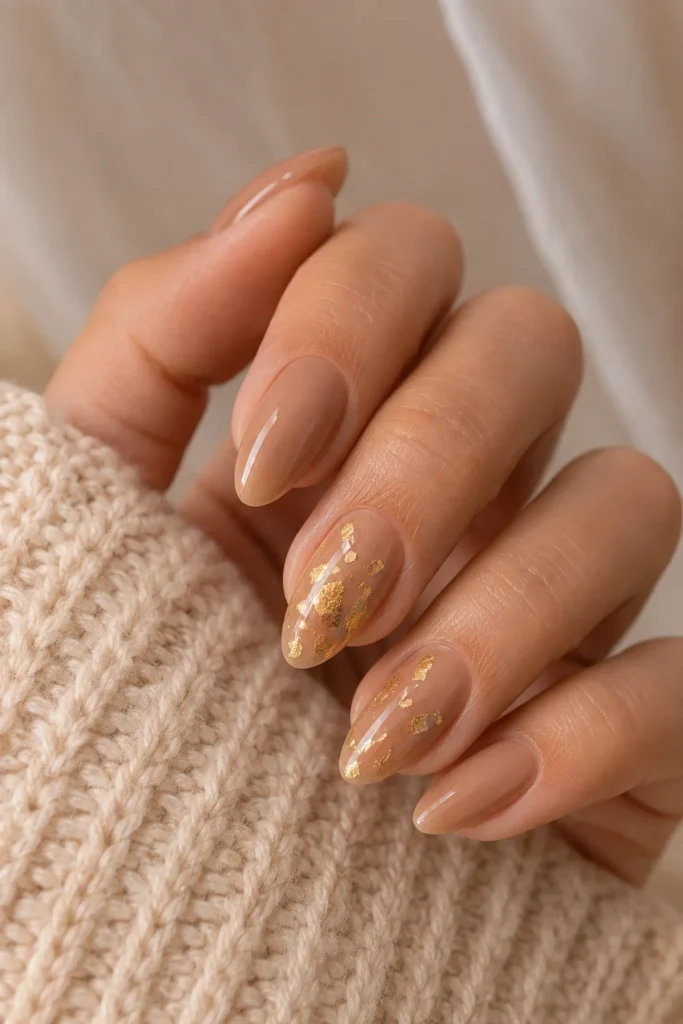 Toffee nude almond nails decorated with delicate gold leaf