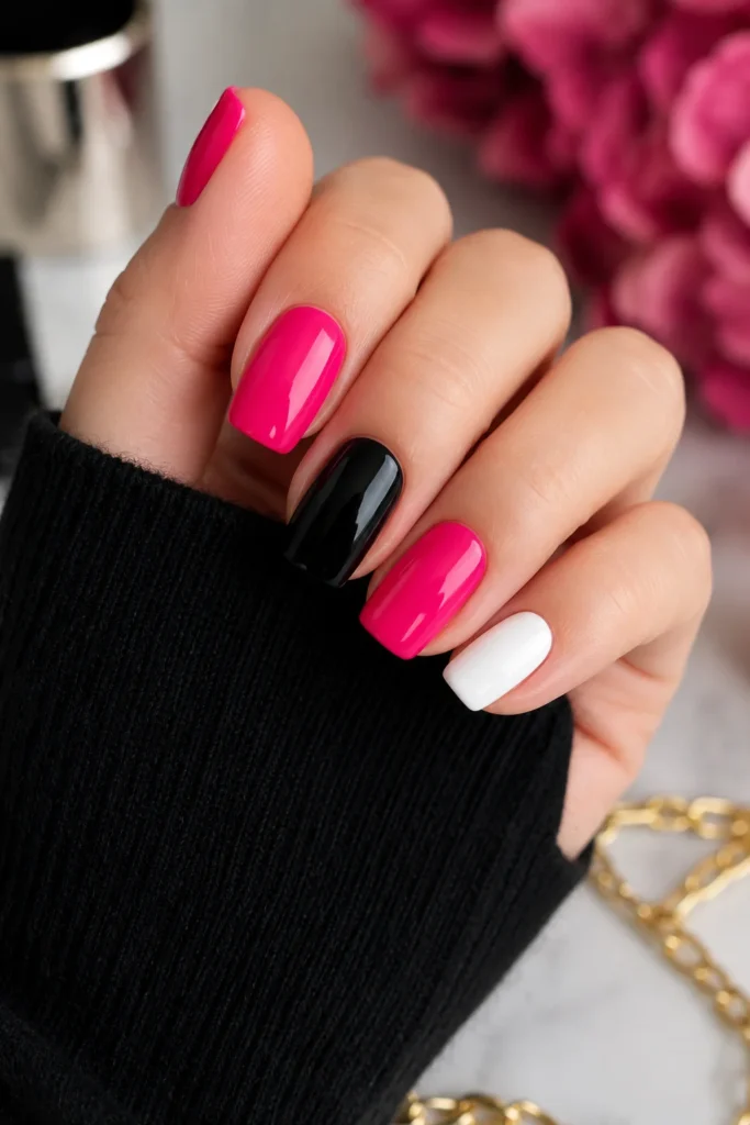 Hot pink nails accented with black and white nail