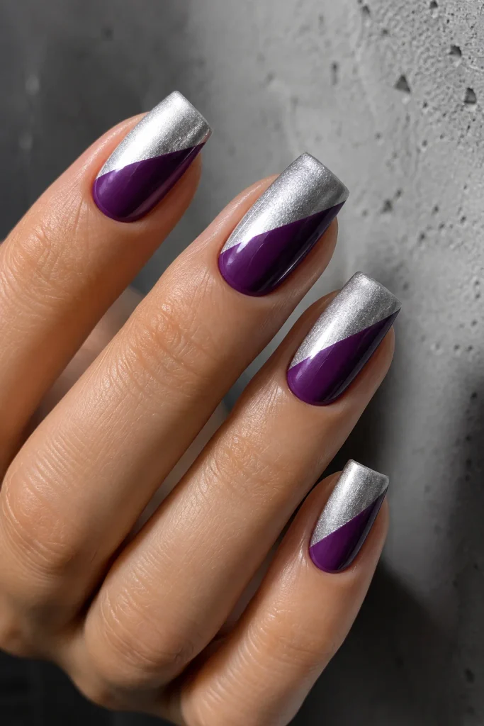 Two-tone purple and silver split nail design