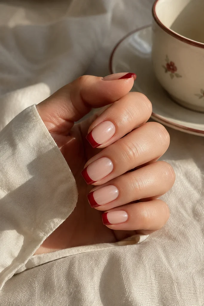 Ruby red French tip nails with nude base