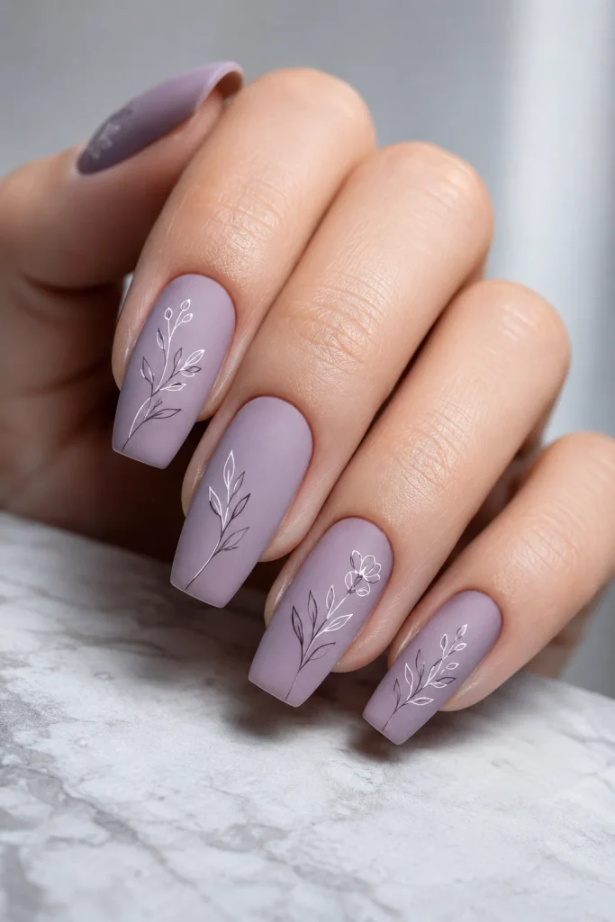 Dusty lavender bridal nails with botanical floral line art