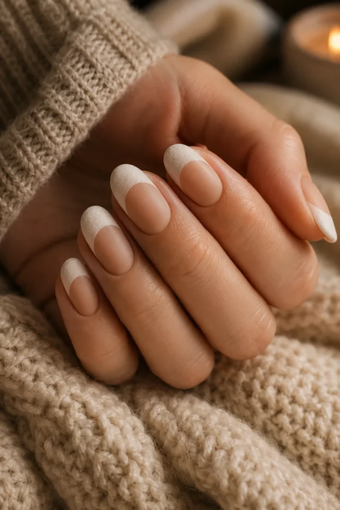 Velvet matte white French tip nails on almond-shaped nails