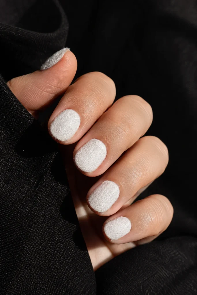 White velvet nails with a soft textured finish