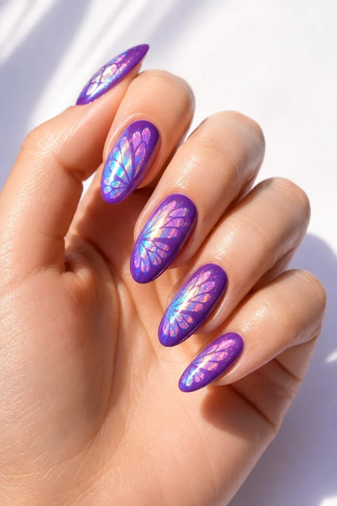 Bright violet nails with iridescent butterfly wings