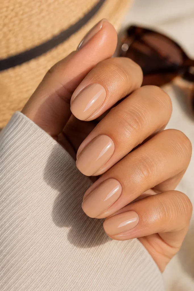 Warm beige gel polish on glossy short almond shaped nails