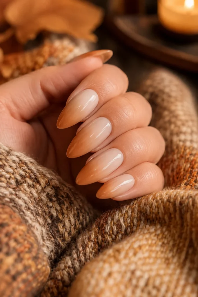 Warm white to caramel ombre fall nails on almond shape