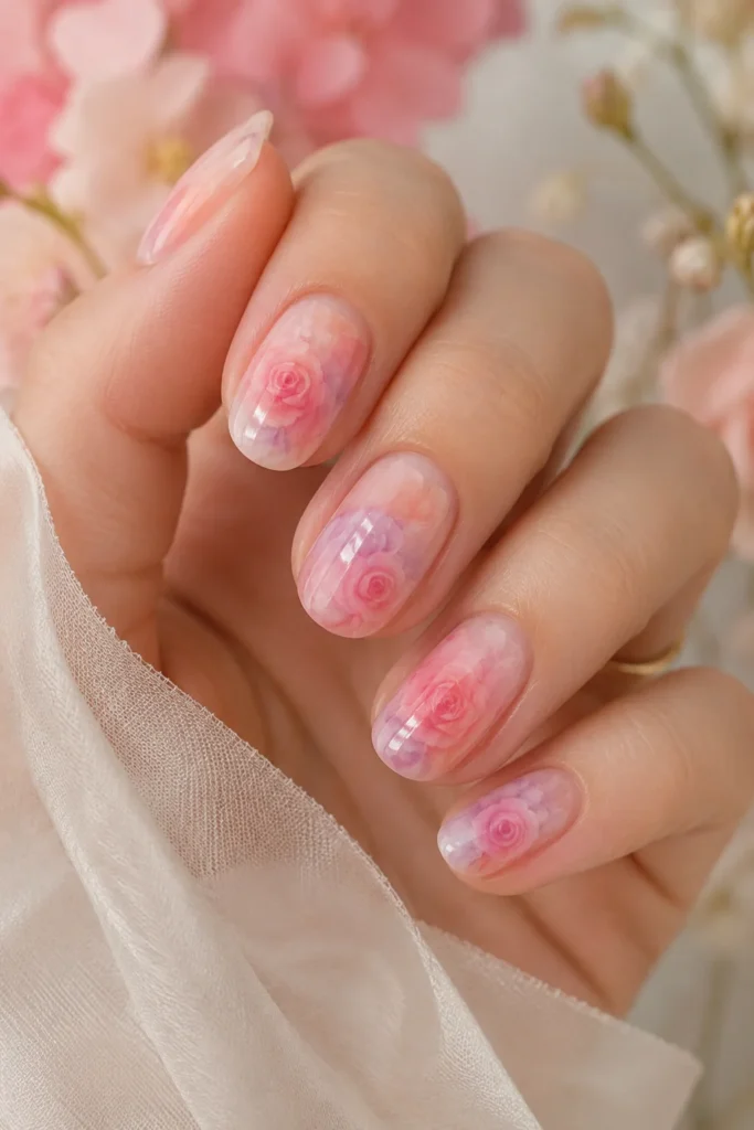 Oval nails with soft watercolor pink and lavender rose wash