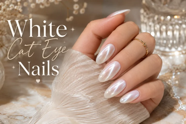 White cat eye nails with soft magnetic shimmer