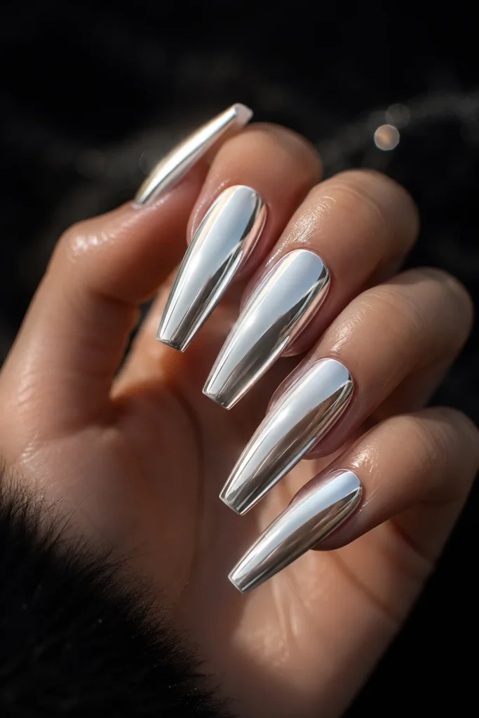 White chrome nails with reflective mirror finish for elegant fall style