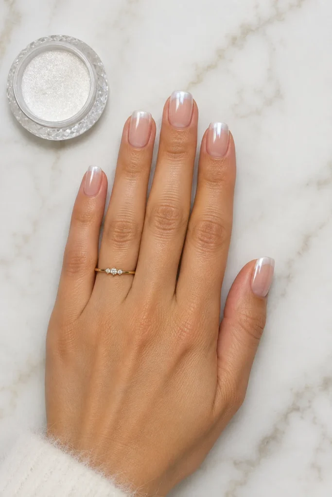 White chrome French tip nails on squoval nails