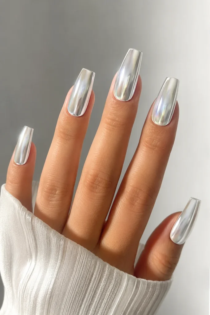 White chrome mirror nails with reflective graduation shine