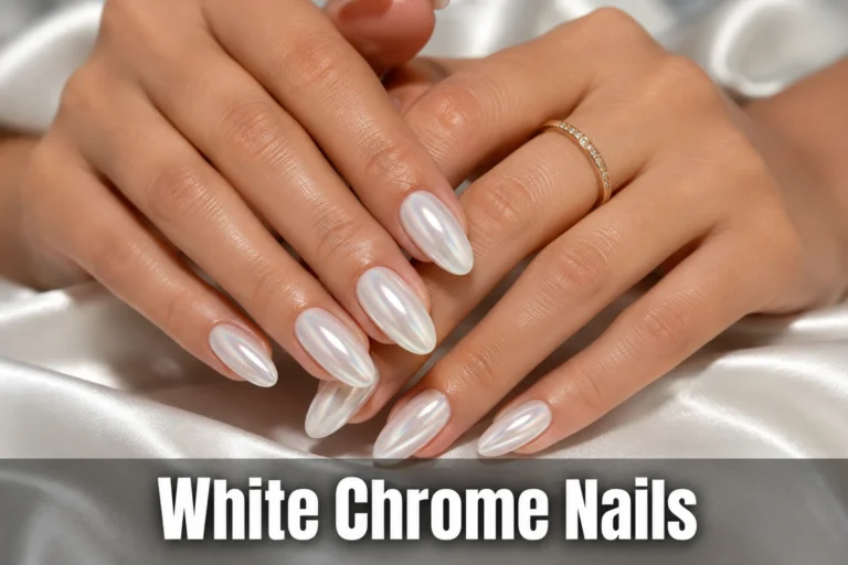 Two hands showcasing elegant glossy white chrome nails