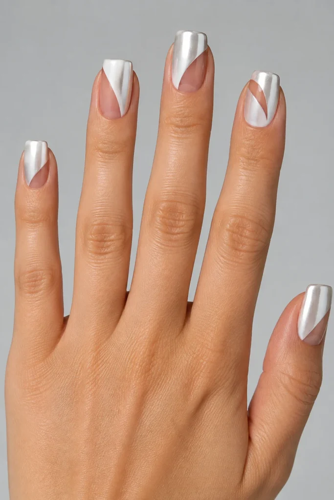White chrome negative space squoval nail design