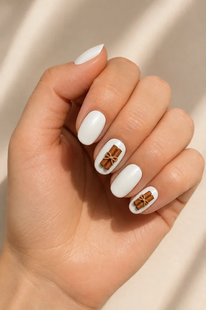 White fall nails with cinnamon stick inspired 3D nail charms