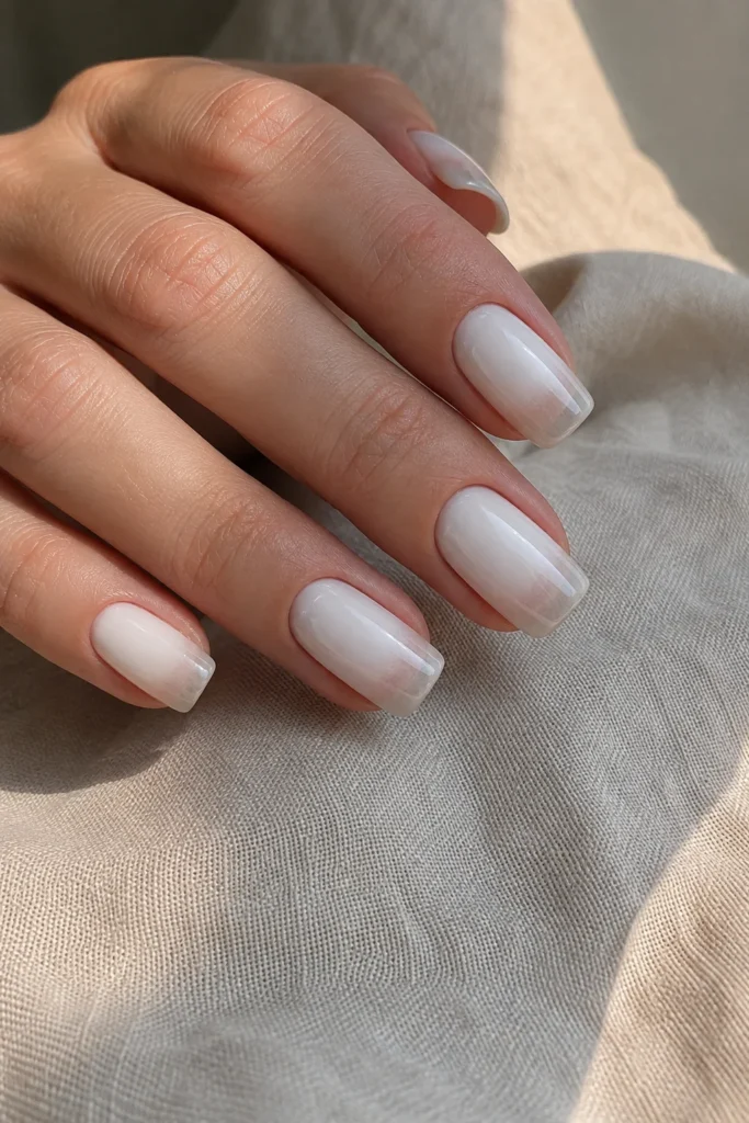 Glossy white nails fading into clear tips