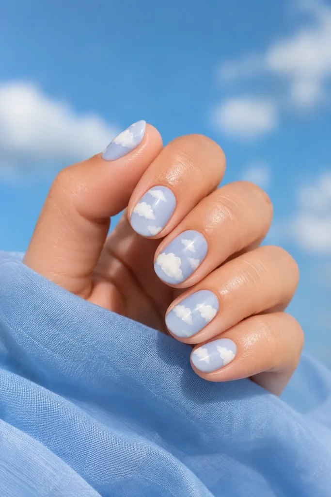 White summer nails with soft cloud nail art design