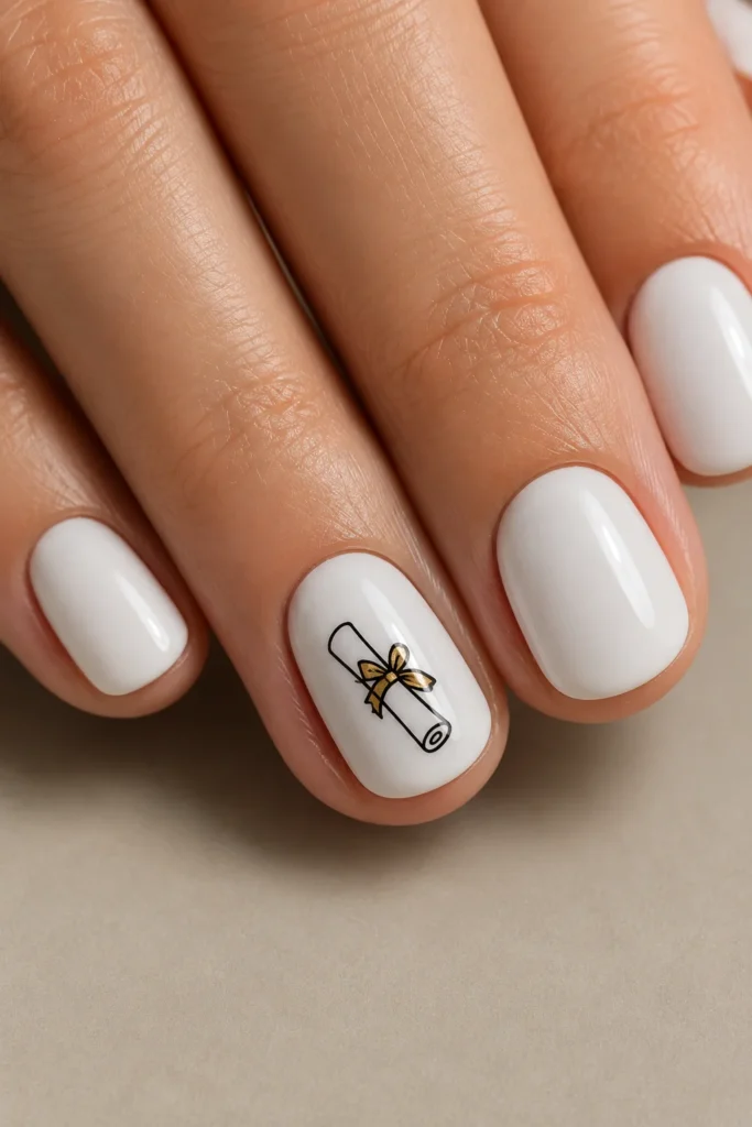 White nails featuring a delicate diploma scroll accent