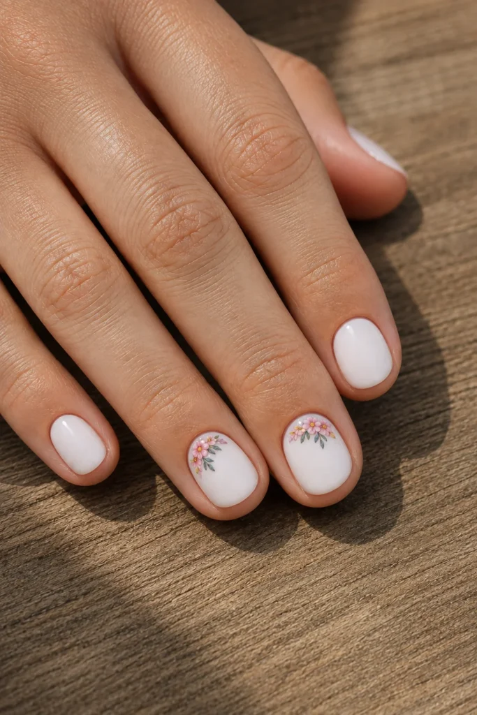 White nails decorated with tiny floral nail art