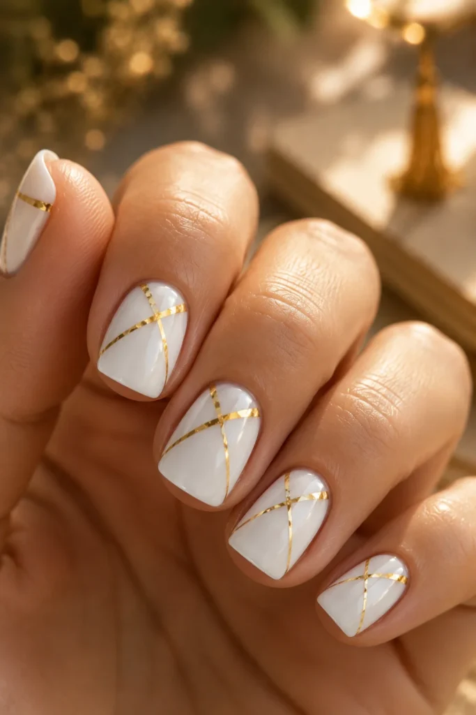White nails decorated with delicate gold foil lines