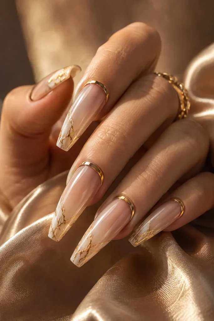 White and gold marble French nails with metallic cuffs