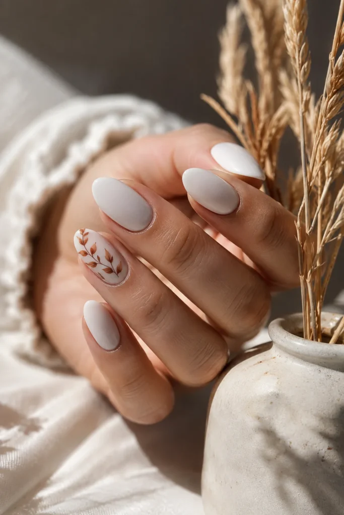 Soft white nails with tiny brown leaf nail art for fall season