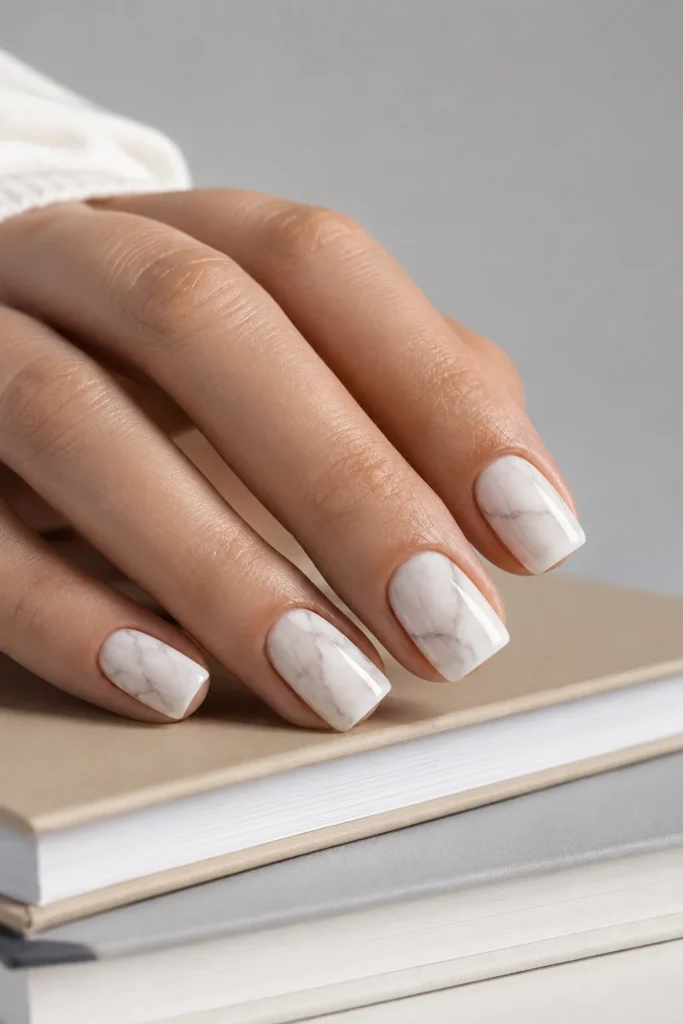 White marble nails with fine line art