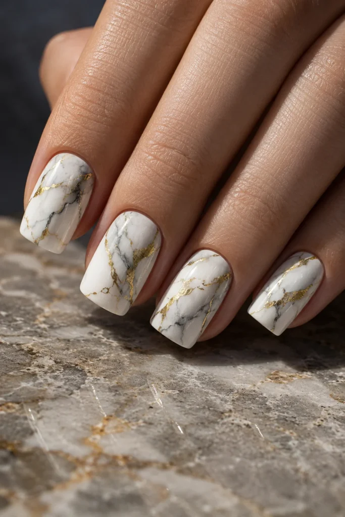 White marble nail design with elegant gray and gold veining