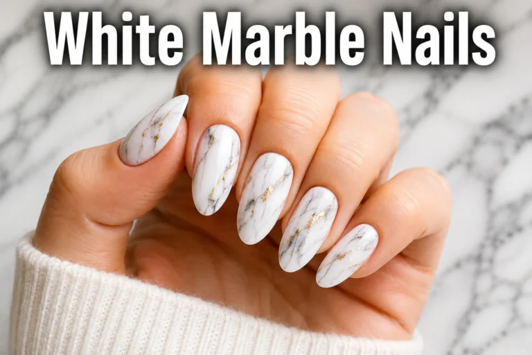 Elegant white marble nails with delicate gold accents