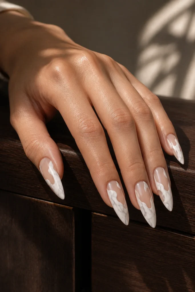 White marble nails with negative space design