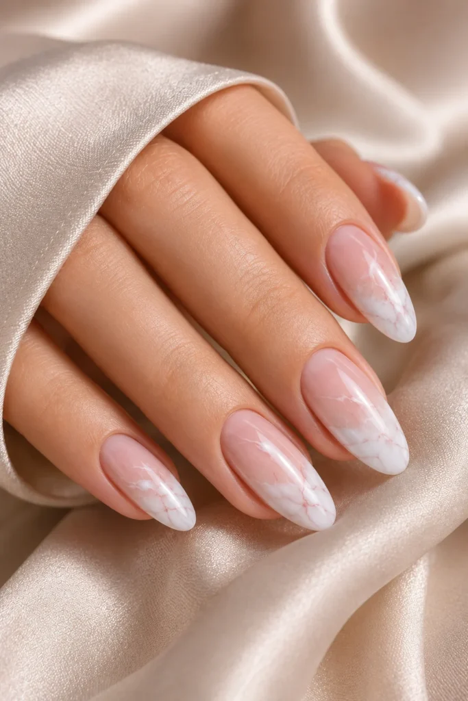 White marble ombre nails with neutral tips