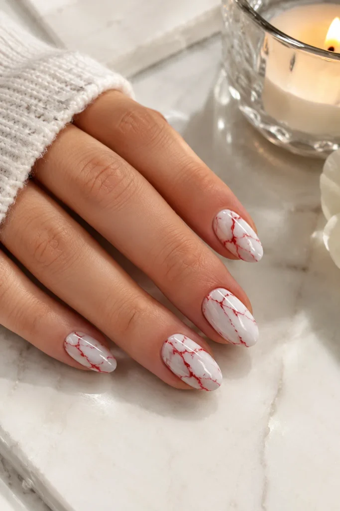 White marble nails with delicate red vein details