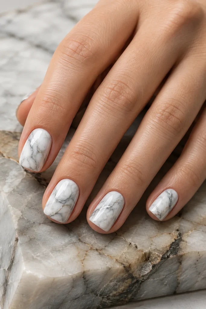 White marble effect nails with gray veining