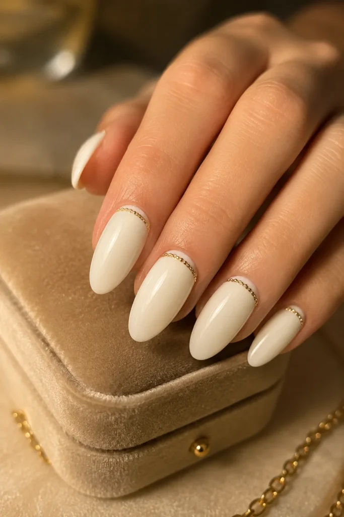 White nails featuring a delicate gold chain cuticle design