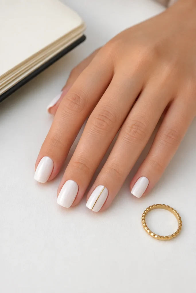 Minimal white nails featuring a thin gold line accent