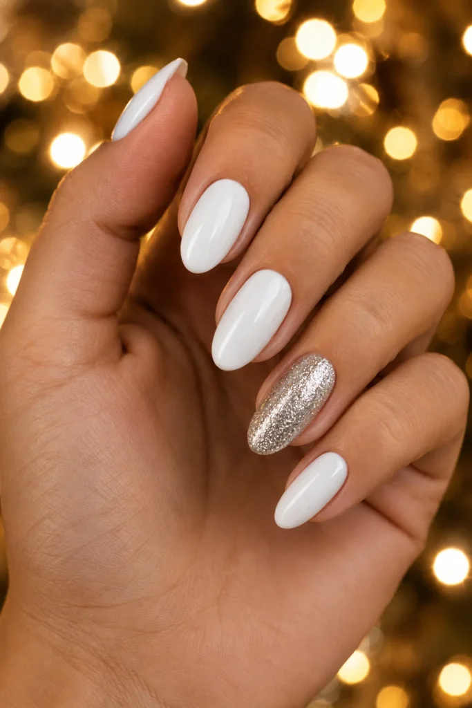 White nails with silver glitter accent finger