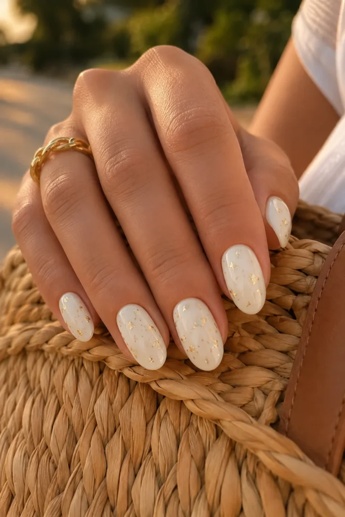 White nails decorated with delicate gold foil accents