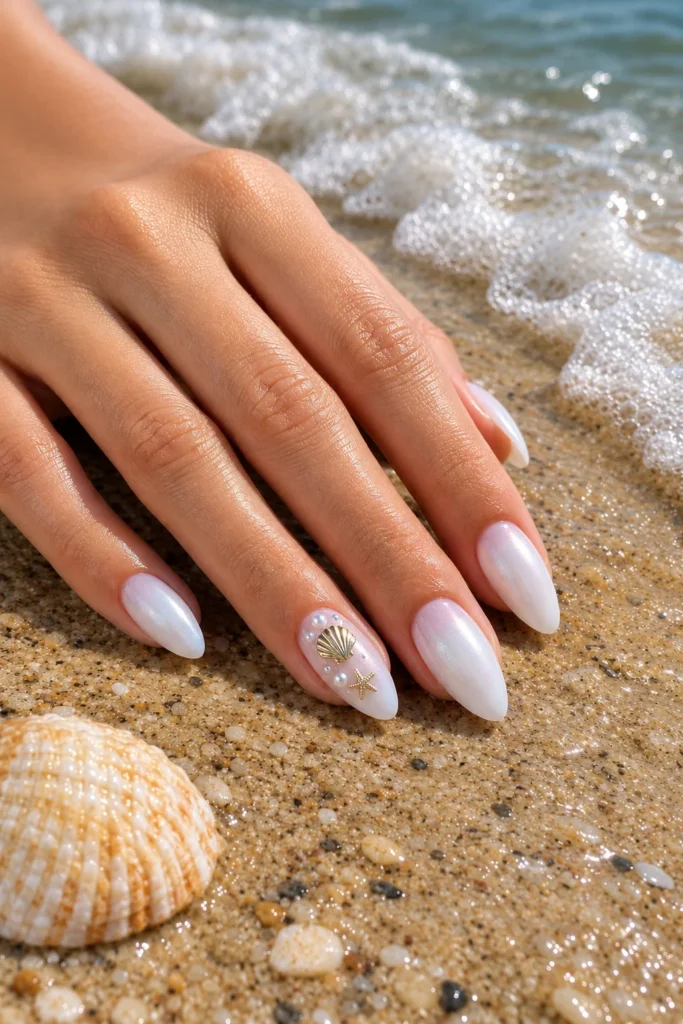 White summer nails decorated with tiny shell charms