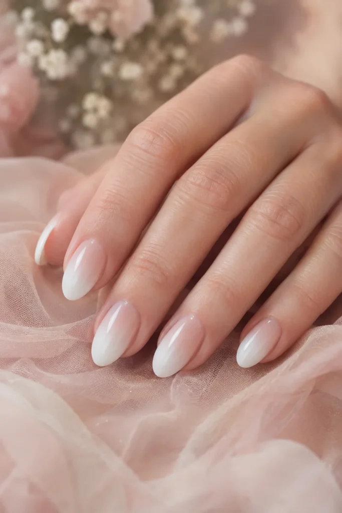 White ombré manicure on short almond nails